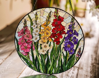 Colorful Gladiolus Flower Suncatcher Stained Glass Window Art Gift for Plant Lover