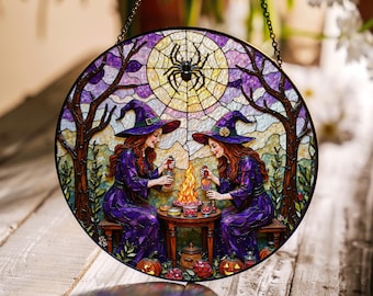 Suncatcher witch stained glass two witches around fire Halloween gift