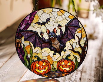 Suncatcher stained glass bat with pumpkins Halloween gift