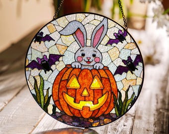 suncatcher window decor bunny in pumpkin with bats halloween gift