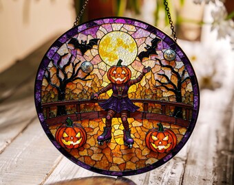 Suncatcher stained glass pumpkin head figure with bats and full moon Halloween gift for mom