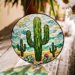 Desert cactus stained glass art round suncatcher window decor gift for nature lovers