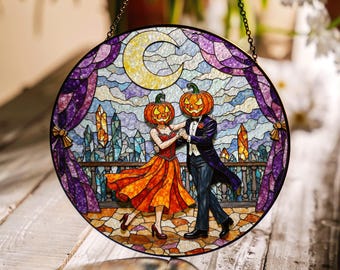 Suncatcher stained glass pumpkin couple dancing Halloween gift for mom