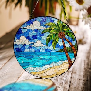 Tropical Beach Palm Tree Ocean Suncatcher Colorful Glass Window Decor Gift for Friend