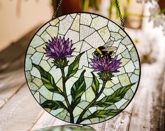 Purple Thistle and Bee Floral Suncatcher Round Stained Glass Gift for Nature Lovers