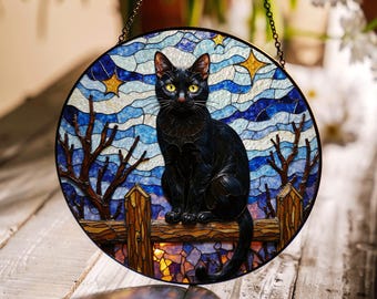 suncatcher stained glass black cat starry night Halloween gift
