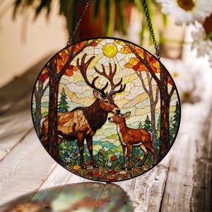 Forest deer and fawn stained glass round suncatcher wildlife window decor gift for father
