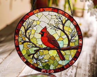 Red cardinal bird stained glass round suncatcher window decor gift for bird lover dad