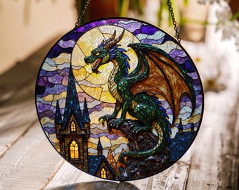 Suncatcher stained glass dragon fantasy castle window decor gift for mom Halloween gift Christmas gift
