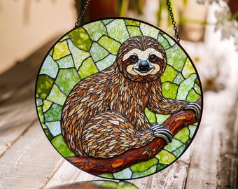 Stained glass sloth hanging on tree branch animal suncatcher forest window art gift for wildlife lover