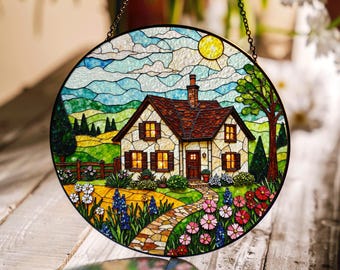 Cottage Stained Glass Suncatcher Handcrafted Window Hanging Gift for Mom Birthday