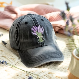 Lavender Flower Embroidered Baseball Cap, Washed Cotton