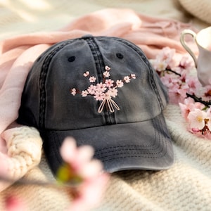 Cherry Blossom Embroidered Baseball Cap, Sakura Aesthetic Embroidery Washed Hat, Floral Mom Gift, Cottagecore Gifts, Cherry Flower Hat