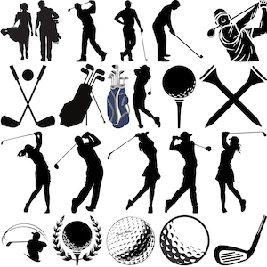 Puede incluir: Ilustraciones con temática de golf en blanco y negro. Siluetas de golfistas en acción, palos de golf, pelotas de golf y bolsas de golf. La imagen incluye una pelota de golf en un tee y tees cruzados.