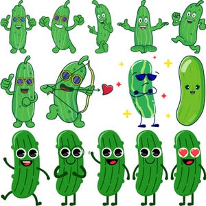 May include: A collection of cartoon cucumbers in various poses and expressions. Some cucumbers wear sunglasses, while others hold bows and arrows or have heart-shaped eyes. The cucumbers are green with white accents and black eyes.