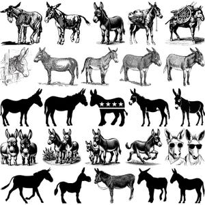 May include: A collection of donkey illustrations in various styles. Some are detailed drawings, others are silhouettes. The donkeys are depicted in different poses, including standing, walking, and pulling a cart. Some illustrations are black and white, while others have shading.