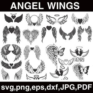May include: A selection of black and white angel wing designs. The designs include wings with hearts, halos, and butterfly accents. The text "ANGEL WINGS" is at the top, and file type options are listed at the bottom.