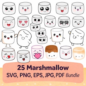 Paquete SVG de malvavisco, Mello Svg, Sonrisa de malvavisco Svg, Gráfico de cara kawaii, Clipart de malvavisco, Smore SVG Malvavisco con gafas de sol