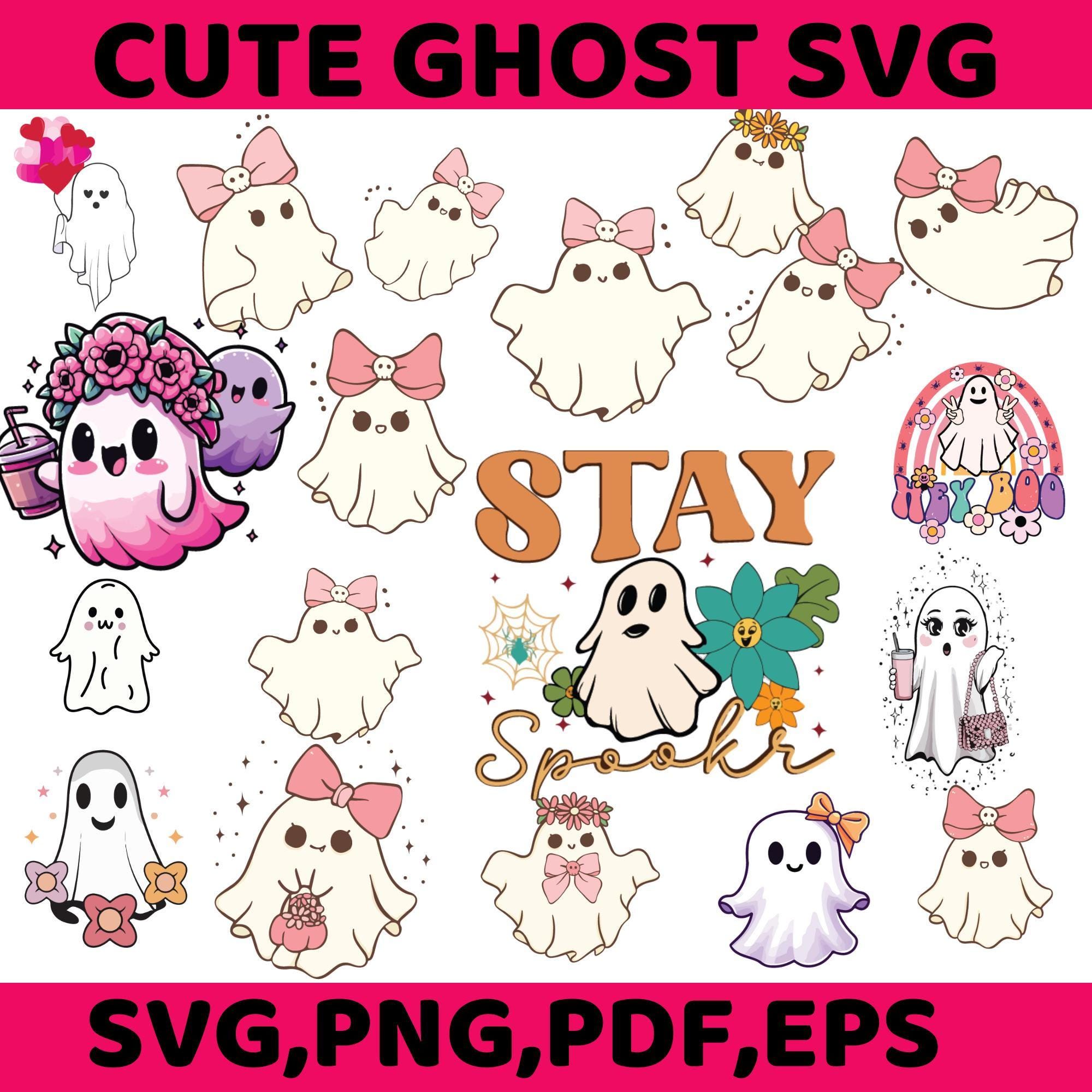 Cute Ghost SVG Bundle, Halloween Ghost PNG, Retro Floral Ghosts, Dog Ghost SVG, Spooky Season Clipart, Kawaii Ghost with Bow Files