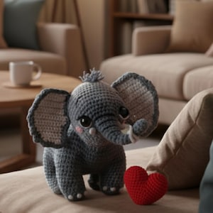 Puede incluir: Un elefante de ganchillo gris hecho a mano con orejas grandes, una trompa y un pequeño mechón de pelo. El elefante tiene ojos grandes y oscuros y mejillas rosadas. Un corazón rojo de ganchillo está al lado del elefante. El elefante es un objeto decorativo.