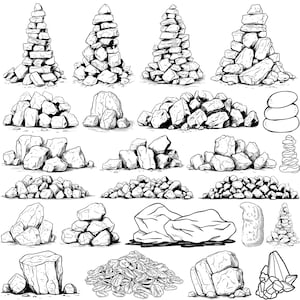 May include: A collection of black and white line drawings depicting different rock formations and piles of stones. The drawings vary in size and shape, with some featuring details such as cracks and crevices.