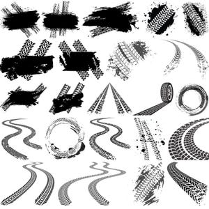 Puede incluir: Una colección de diseños de huellas de neumáticos negros sobre un fondo blanco. La imagen incluye varias huellas de neumáticos, marcas de neumáticos y patrones de carreteras, incluyendo caminos curvos, líneas rectas y patrones circulares. Algunos diseños están salpicados o cepillados.