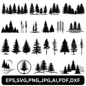 May include: A collection of black silhouette images of various pine trees and forest scenes. The designs include individual trees, groups of trees, and stylized landscapes. The bottom of the image displays the text "EPS, SVG, PNG, JPG, AI, PDF, DXF".