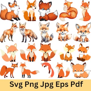 May include: A collection of orange and white fox illustrations in various poses and styles. Some foxes are cartoonish, while others are more realistic. The image includes the text "Svg Png Jpg Eps Pdf" at the bottom.