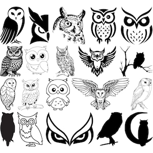 Op de afbeelding: Een verzameling uil-illustraties in verschillende stijlen. De afbeeldingen bevatten gedetailleerde tekeningen, silhouetten en cartoonachtige ontwerpen. De uilen zijn afgebeeld in zwart-wit, sommige met vleugels en zittend op takken.