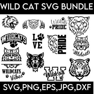 Lot de chats sauvages, tête de chats sauvages, fierté de chats sauvages, empreinte de patte svg, SVG de football de chats sauvages, clipart PNG de chats sauvages, mascotte de chat sauvage CutFiles