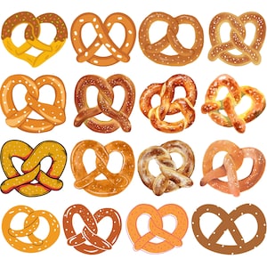 May include: A collection of sixteen pretzel illustrations in various styles. The pretzels vary in color, from golden brown to dark brown, and some are decorated with sprinkles. The image is set against a white background.