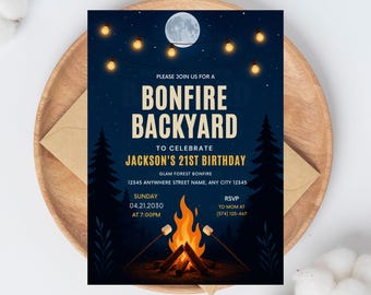 Backyard Bonfire Birthday Invitation Editable Canva Template Campfire Party Printable Smores Invite Digital Download Outdoor Bash Event Card