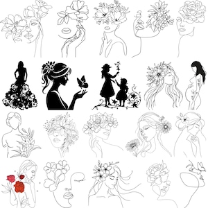 花柄の女性SVGバンドル、女性のシルエットSVG、花の線画SVG/PNG、女性のボディSVG、裸の女性のクリップアート、Cricutカットファイル、ボヘミアン風デコレーション