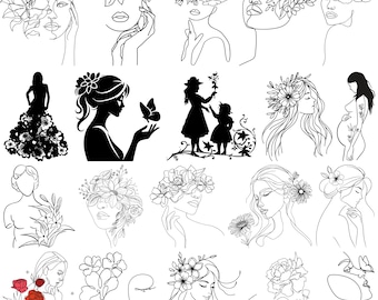 Floral Woman SVG Bundle, Woman Silhouette Svg, Flower Line Art Svg/Png, Female Body SVG, Naked Woman Clipart, Cricut Cut Files, Boho Decor