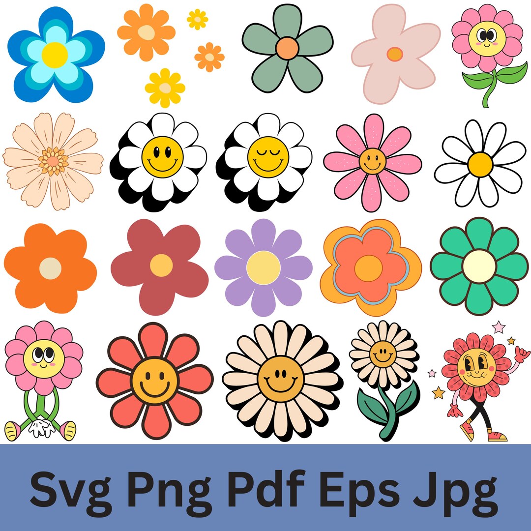 Retro Flower SVG Bundle, Boho Flower SVG, Groovy Floral Clipart, Cute ...