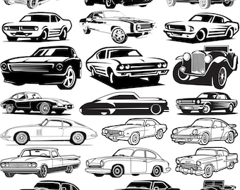 Puede incluir: Colección de ilustraciones de coches clásicos en blanco y negro. La imagen presenta varios vehículos antiguos, incluyendo muscle cars, deportivos y modelos antiguos. Los diseños muestran las formas y detalles icónicos de cada coche.