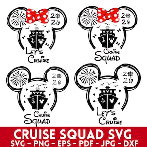 Puede incluir: Cuatro diseños de cabeza de Mickey Mouse en blanco y negro con gráficos de cruceros. Dos diseños tienen lazos rojos de lunares. El texto incluye "Let's Cruise", "Cruise Squad" y el año "2026".