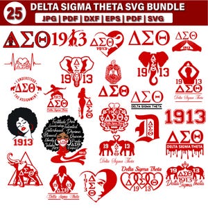 May include: A collection of 25 red Delta Sigma Theta SVG designs, including logos, symbols, and the year 1913. The designs are in various formats, such as JPG, PDF, and SVG, suitable for digital crafting projects.