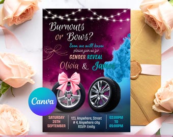 Burnouts of strikken Gender Reveal-uitnodiging bewerkbare canvassjabloon afdrukbare babyshowerfeest digitale download aangepaste tekst pdf-bestand Directe toegang