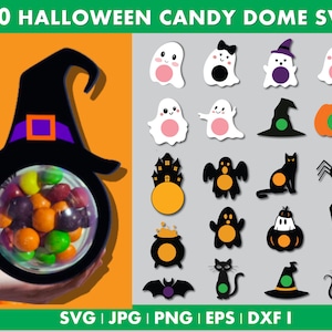 Halloween-Svg-Bundle, Halloween Candy Dome SVG-Bundle, Leckerli-Halter SVG, Geist Kürbis Fledermaus Hexe Schnittdateien, Süßes oder Saures Candy Tags