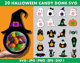 Halloween Candy Dome SVG Bundle, Treat Holder SVG, Ghost Pumpkin Bat Witch Cut Files, Trick or Treat Candy Tags, Cricut Instant Download