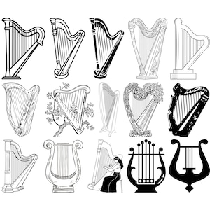 May include: A collection of twelve black and white illustrations of harps. The harps vary in style, from simple outlines to detailed designs with floral and decorative elements. Some illustrations depict a person playing the harp.