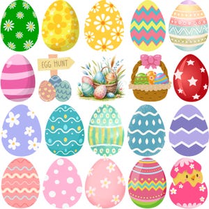 May include: A collection of colorful Easter eggs with various patterns, including flowers, stripes, and zigzags. A wooden sign reads "EGG HUNT". A basket of eggs and a chick hatching from an egg are also featured.