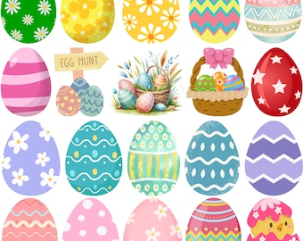 May include: A collection of colorful Easter eggs with various patterns, including flowers, stripes, and zigzags. A wooden sign reads "EGG HUNT". A basket of eggs and a chick hatching from an egg are also featured.