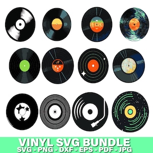 Paquete SVG de discos de vinilo, imágenes prediseñadas de música retro, discos de vinilo PNG, EPS y DXF, archivos de corte de tocadiscos para Cricut, diseño vectorial SVG de la vieja escuela.