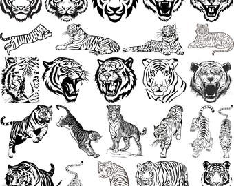 Tiger SVG-paket, tigerhuvudsvg, rytande tigerclipart, tigersilhuett, vilddjursvektor, stor katt PNG, tigeransiktssvg, djungelkattkonst