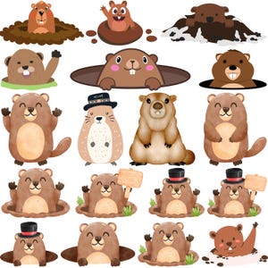 May include: A selection of cartoon groundhogs in different poses. Some are emerging from burrows, others are standing or waving. The groundhogs are illustrated in shades of brown and tan, with some wearing hats or holding signs.