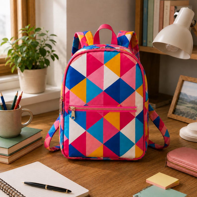Compact daypack sewing pattern, backpack bag PDF tutorial, laptop backpack DIY, handmade travel backpack project, beginner sewing pattern for creating a practical everyday bag, finished design includes spacious main compartment, front zipper pocket, adjustable padded shoulder straps and durable construction, printable digital sewing pattern, easy-to-follow tutorial, creative handmade gift and personal bag making project