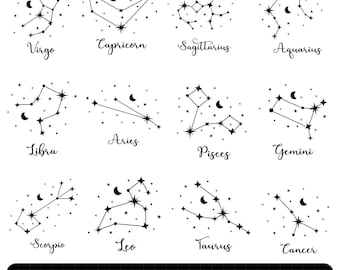Zodiac Sign SVG Bundle, Astrology Signs Png, Horoscope SVG Files, Star Constellation Cut Files, Celestial Clipart, Zodiac Symbols svg