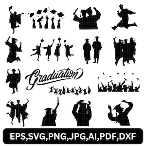 Puede incluir: Un conjunto de gráficos de siluetas negras que celebran la graduación. Las imágenes muestran estudiantes con birretes y togas, lanzando sus gorras, y la palabra "Graduation". Formatos de archivo: EPS, SVG, PNG, JPG, AI, PDF, DXF.